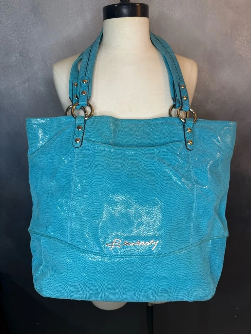 B Makowsky Blue Turquoise Silver Snake Embossed Soft Leather Large Handbag